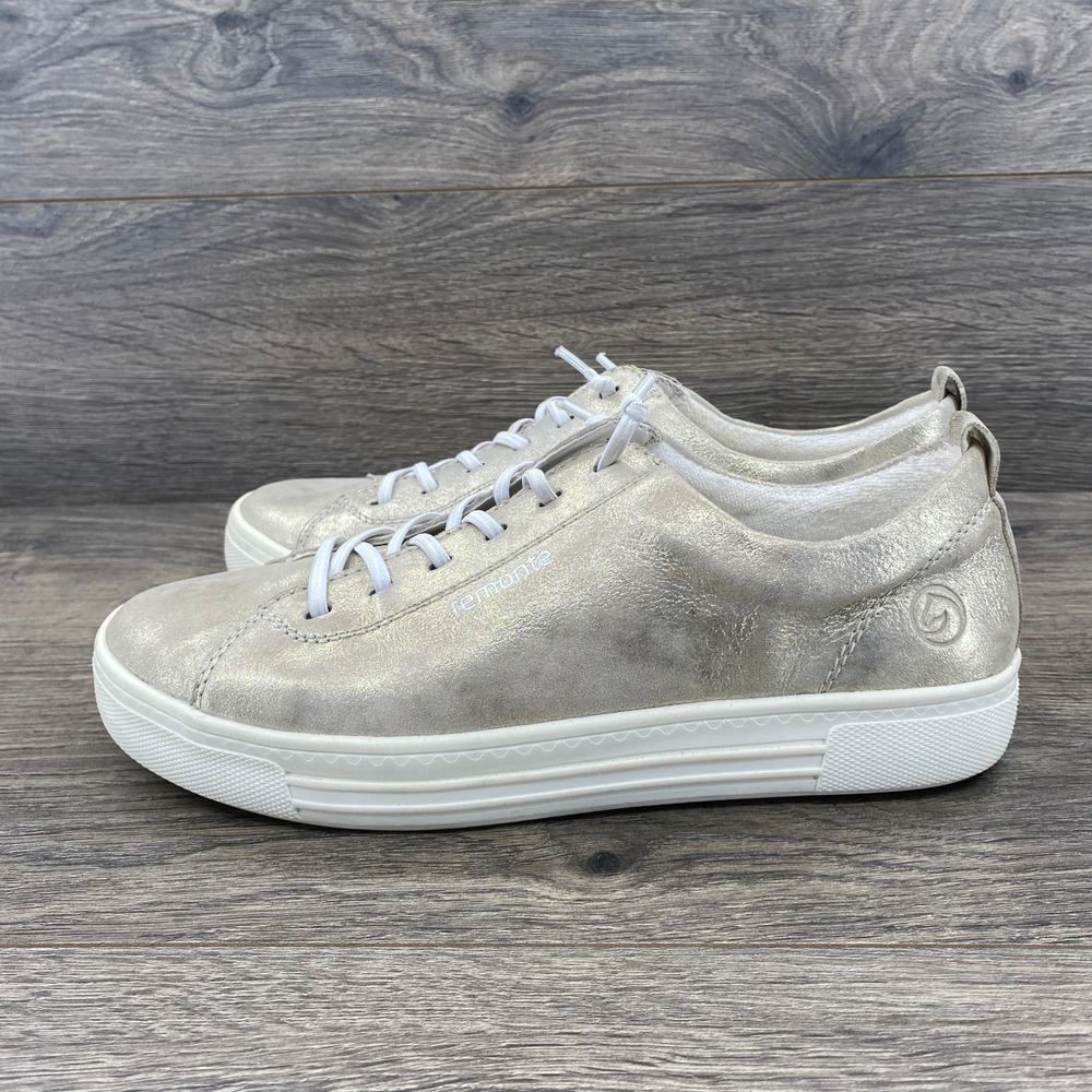 Remonte Sneakers Womens 39 Gold Metallic Leather Low Top Elastic Lace Up Comfort